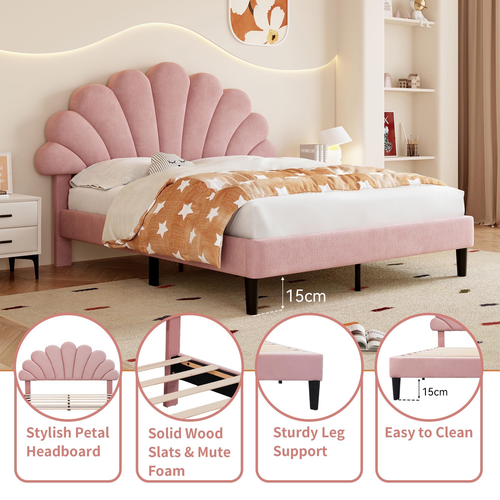 Ball & Cast Double bed frame, 4ft6 Double Upholstered Bed, Adjustable Chic Petal Headboard, Sturdy Wooden Slat Support, Velvet Fabric (No Mattress)