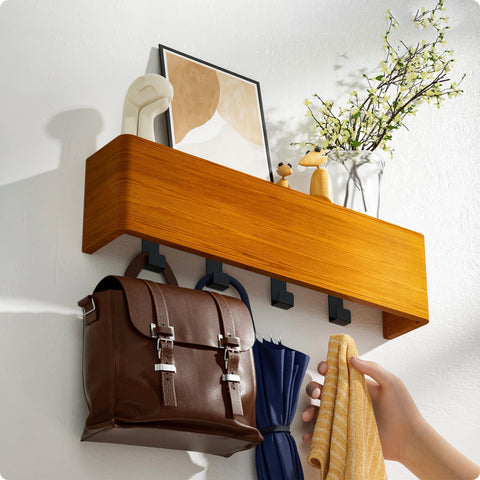 DUKZURA Coat Hooks Wall Mounted, Coat Rack with Hidden Wall Hooks, Coat Hooks with Shelf -Key Holder for Hallway, Bedroom