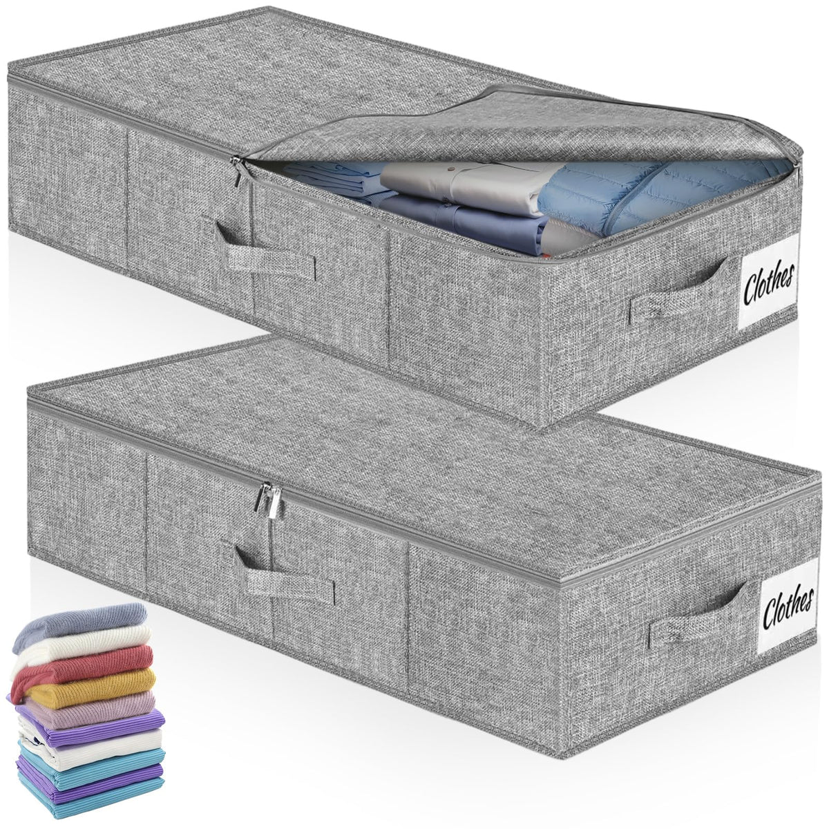 BOBILIFE Under bed storage box, 2pcs foldable under bed storage box, 33.46×15.75×4.72in with 3 handles and double zipper