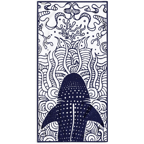 RESTILO Beach Towel Large 90 x 180 cm Cotton Terry Velour Bath Towel Dark Blue Navy Blue White Shark Shark