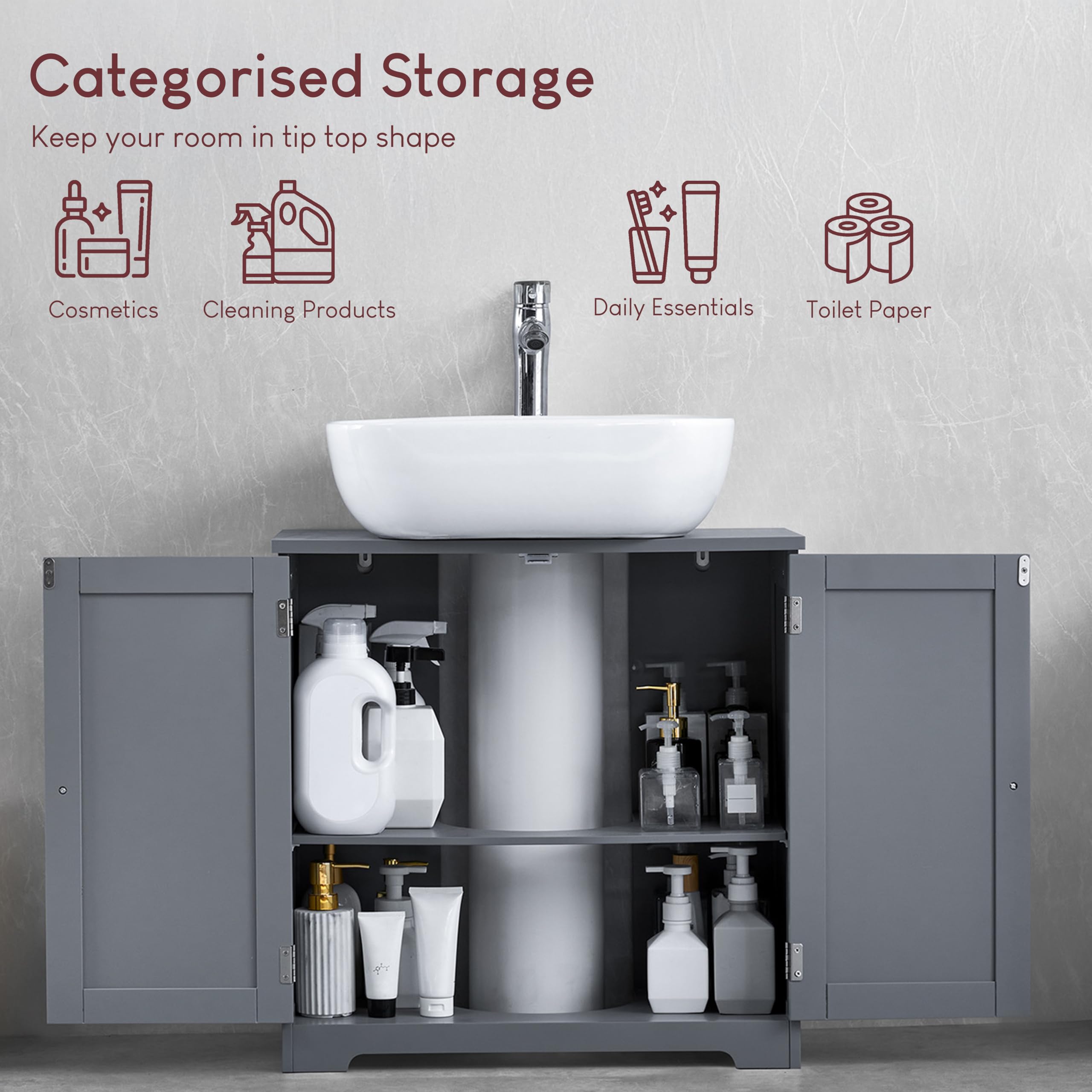 Bath Vida Priano 2 Door Bathroom Under Sink Floor Cabinet | Grey | Space-Saving Storage | 60H x 60W x 30D cm | Adjustable Shelf | Freestanding