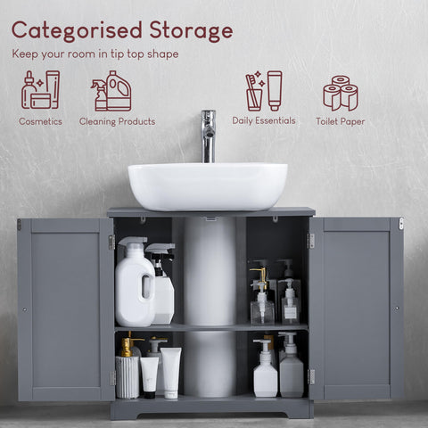 Bath Vida Priano 2 Door Bathroom Under Sink Floor Cabinet | Grey | Space-Saving Storage | 60H x 60W x 30D cm | Adjustable Shelf | Freestanding