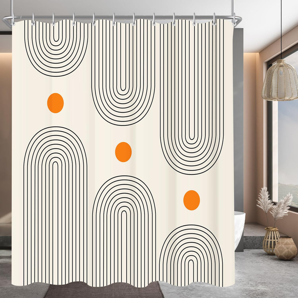 Lerores Shower Curtain 180 x 180 cm Geometric Curve, Weighted Hem, Anti-Mould Textile, Water-Repellent
