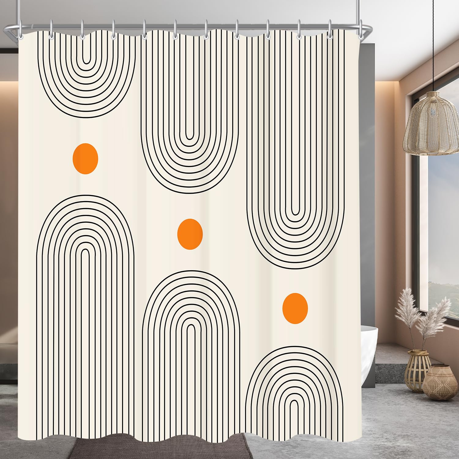 Lerores Shower Curtain 180 x 180 cm Geometric Curve, Weighted Hem, Anti-Mould Textile, Water-Repellent