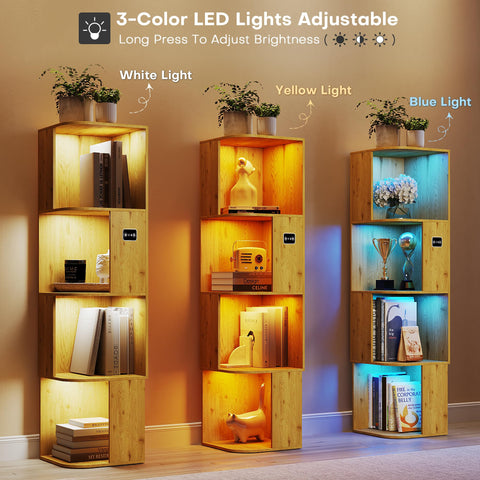 55.1 " Corner Wood Bookcase with Body Sensor LED for Home Office,Natural