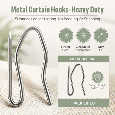 Metal Curtain Hooks - Heavy Duty Zinc Pin Hooks, 50 Pack Curtain Pins for Pencil Pleat & Pinch Pleat Heavy Lined Curtains, Heading Tape, Tracks