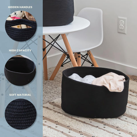OrganiHaus Pack of 3 Black Bathroom Storage Baskets, Woven Basket for Storage, Toilet Roll Basket, Cotton Rope Basket for Towel Storage