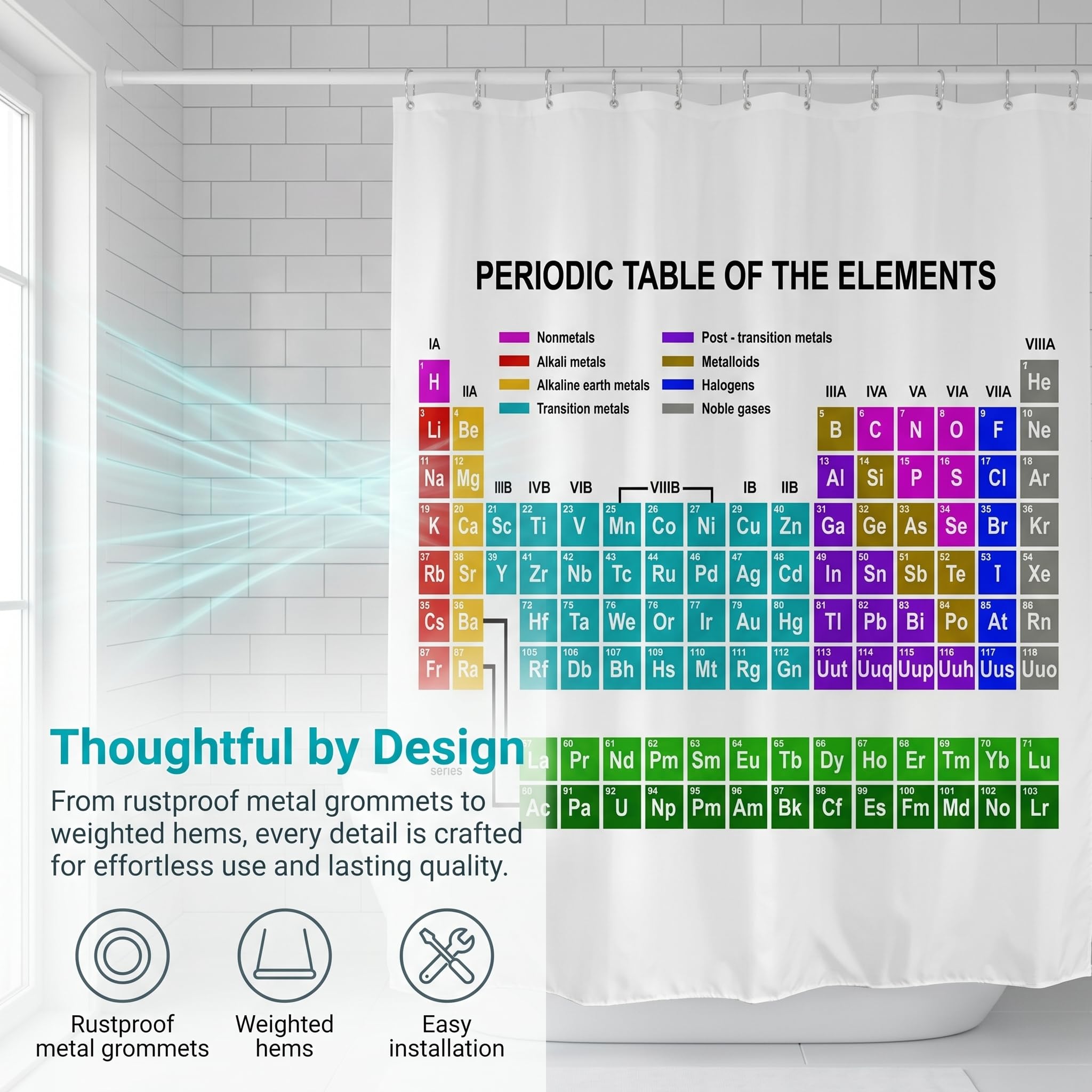 goodbath Periodic Table Shower Curtain 180 x 180 cm, Chemical Elements Waterproof Polyester Fabric Bath Curtain for Bathroom Bathtub Hotel