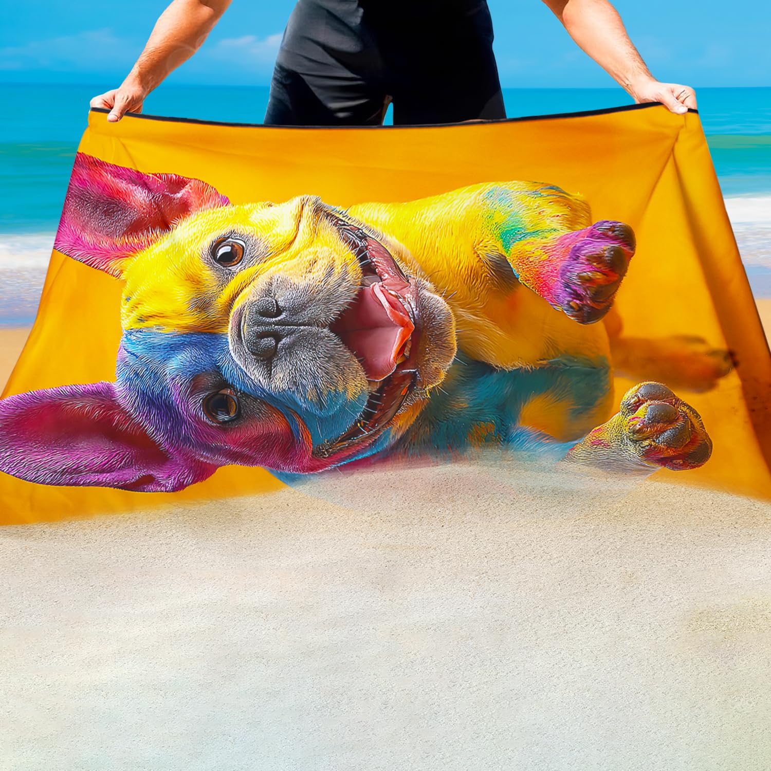Violetpos Rainbow French Bulldog Beach Towel for Dog Lovers, Extra Large 180x90 cm 250GSM Microfibre, Sand Free Quick Dry