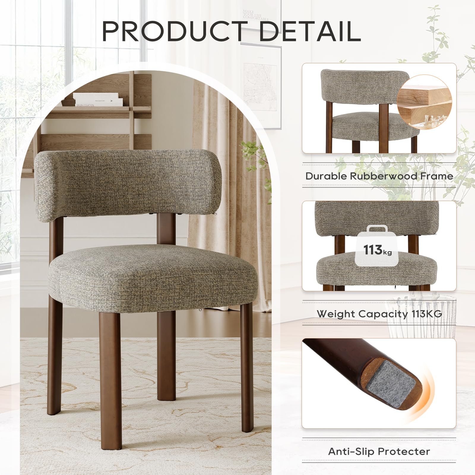 COLAMY Wooden Dining Chairs Set of 6, Fabric Chairs for Dining Room with Open Curved Backrest and Thick Seat Cushion