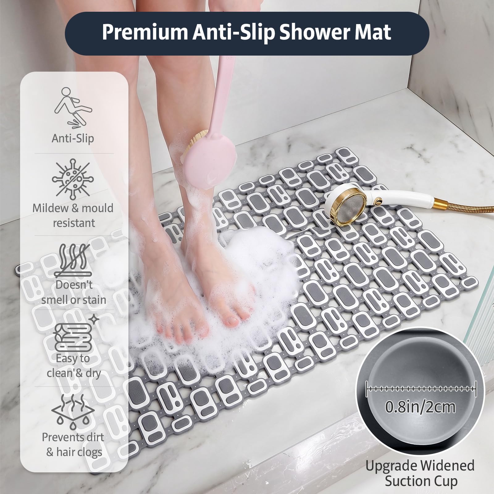 XIYUNTE Soft Shower Mat Non Slip Anti Mould for Elderly - 70x40cm Cut-to-Fit Non Slip Shower Mats for Inside Shower