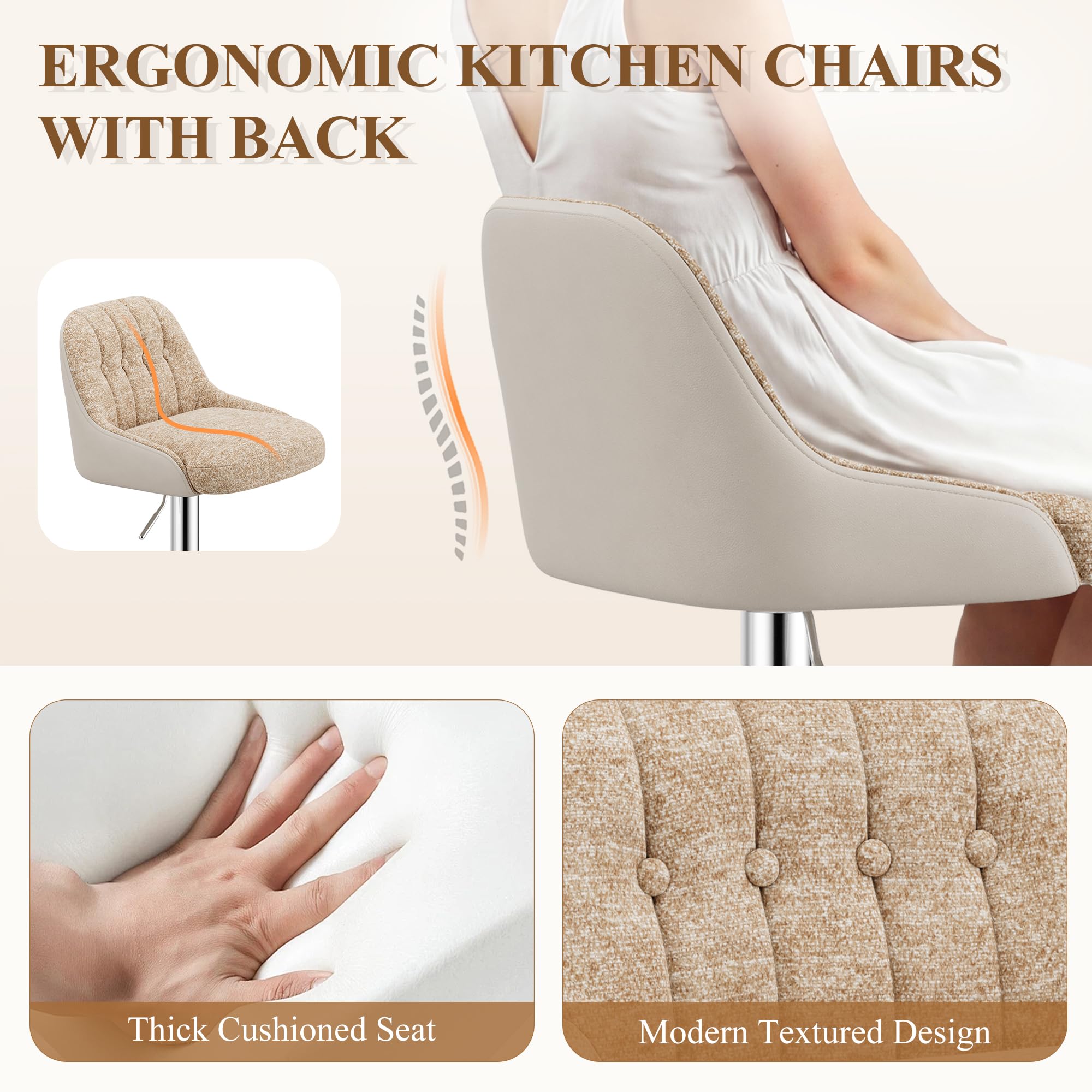 MALOL Adjustable Bar Stools Set of 4, Swivel Counter Stools with Backrest, Chenille & Faux Leather Upholstered Bar Chairs