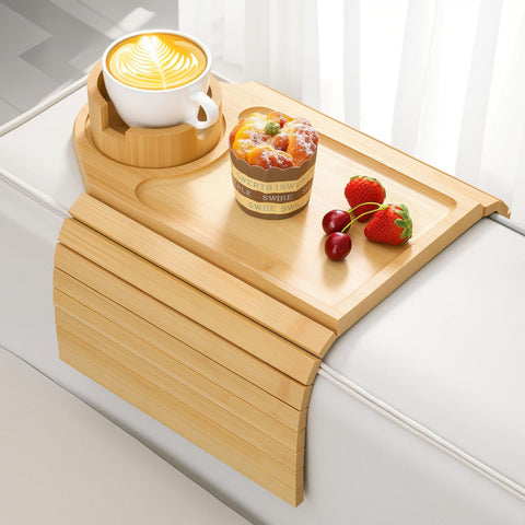Kssiaz Couch Arm Tray, Bamboo Sofa Tray Table for Couch, Sofa Arm Tray with Cup Holder, Non-Slip Armrest Organizer for Drink, Cup, Snack, Control