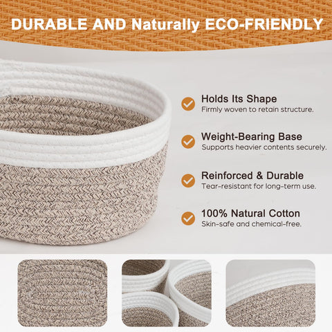 Purecas Braided Cotton Rope Storage Baskets 3-Piece Set Stackable Organiser Baskets for Nursery Changing Table Living Room & Bathroom(Brown 3 Size)