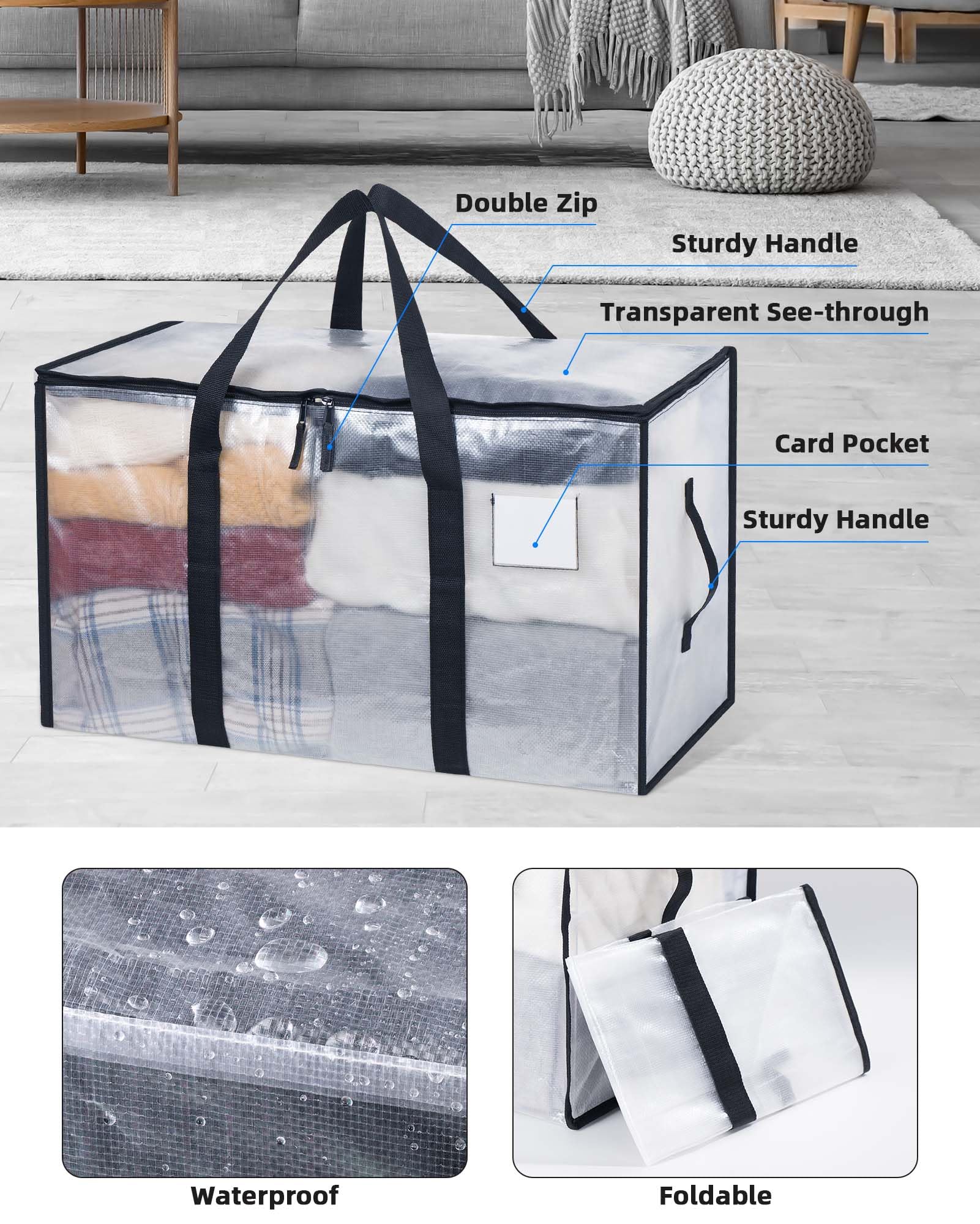 JOJOSEE Clear Clothes Storage Bags, 91L Large Moving Bag (Clear, 4 Pack)