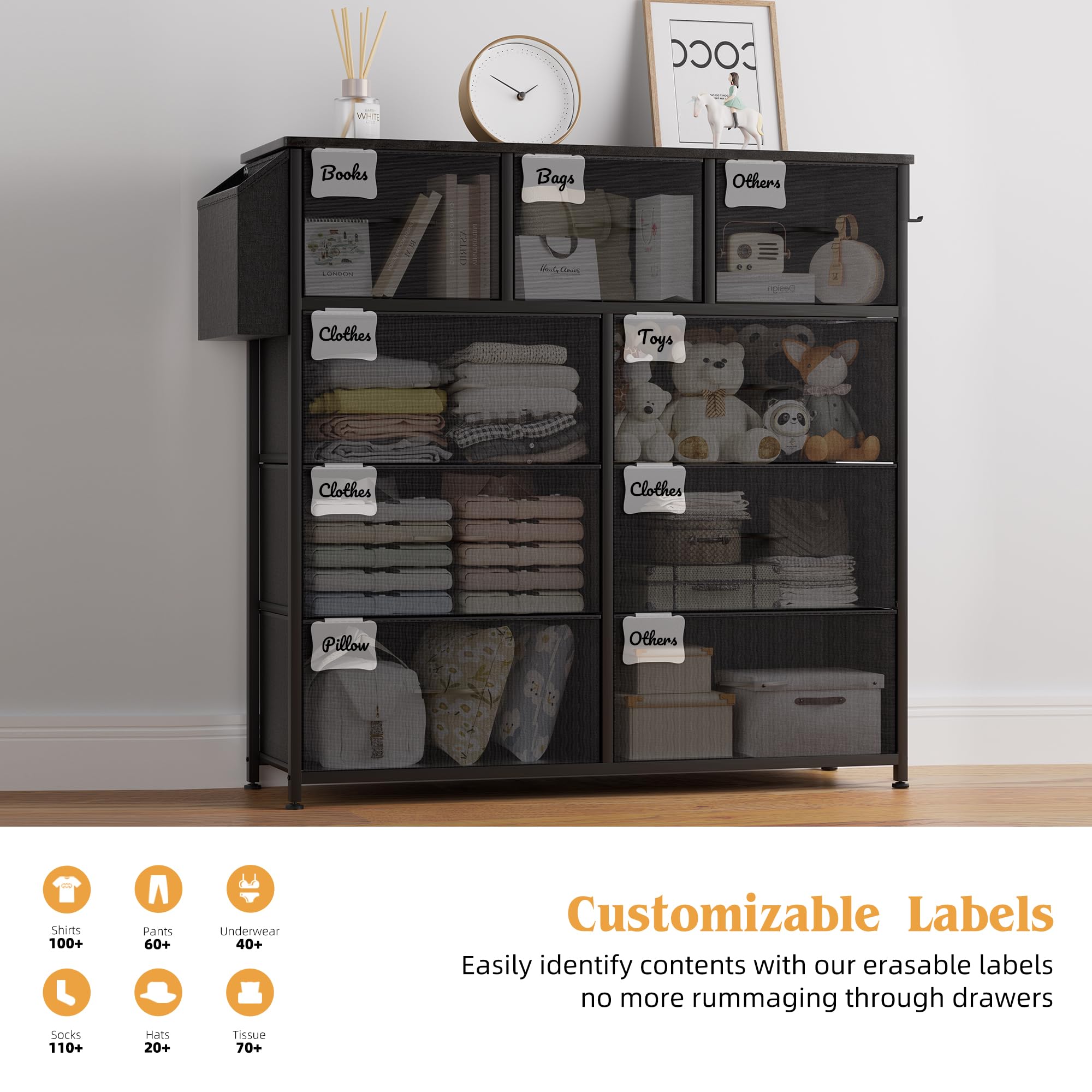 PURFINO Fabric Chest of Drawers - Canvas Storage Unit with 9 Drawers, Label Cards, Side Pocket & Hook for Living Room, Hallway, Bedroom
