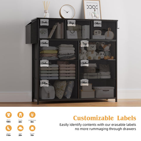 PURFINO Fabric Chest of Drawers - Canvas Storage Unit with 9 Drawers, Label Cards, Side Pocket & Hook for Living Room, Hallway, Bedroom