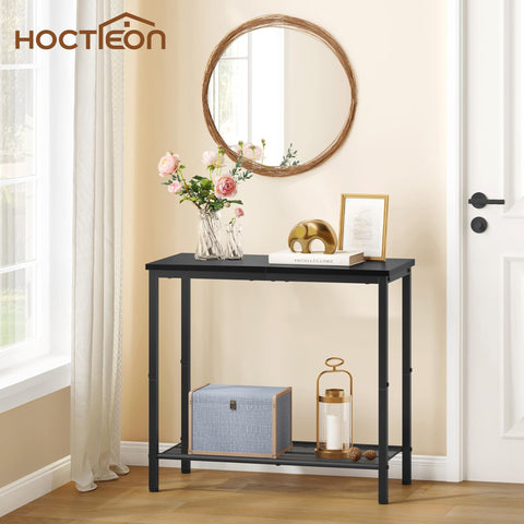 Hoctieon 2 Tier End Table, Sofa Side Table, Narrow Side Table with Storage, Slim Nightstand for Small Spaces, Metal Frame, for Living Room, Bedroom