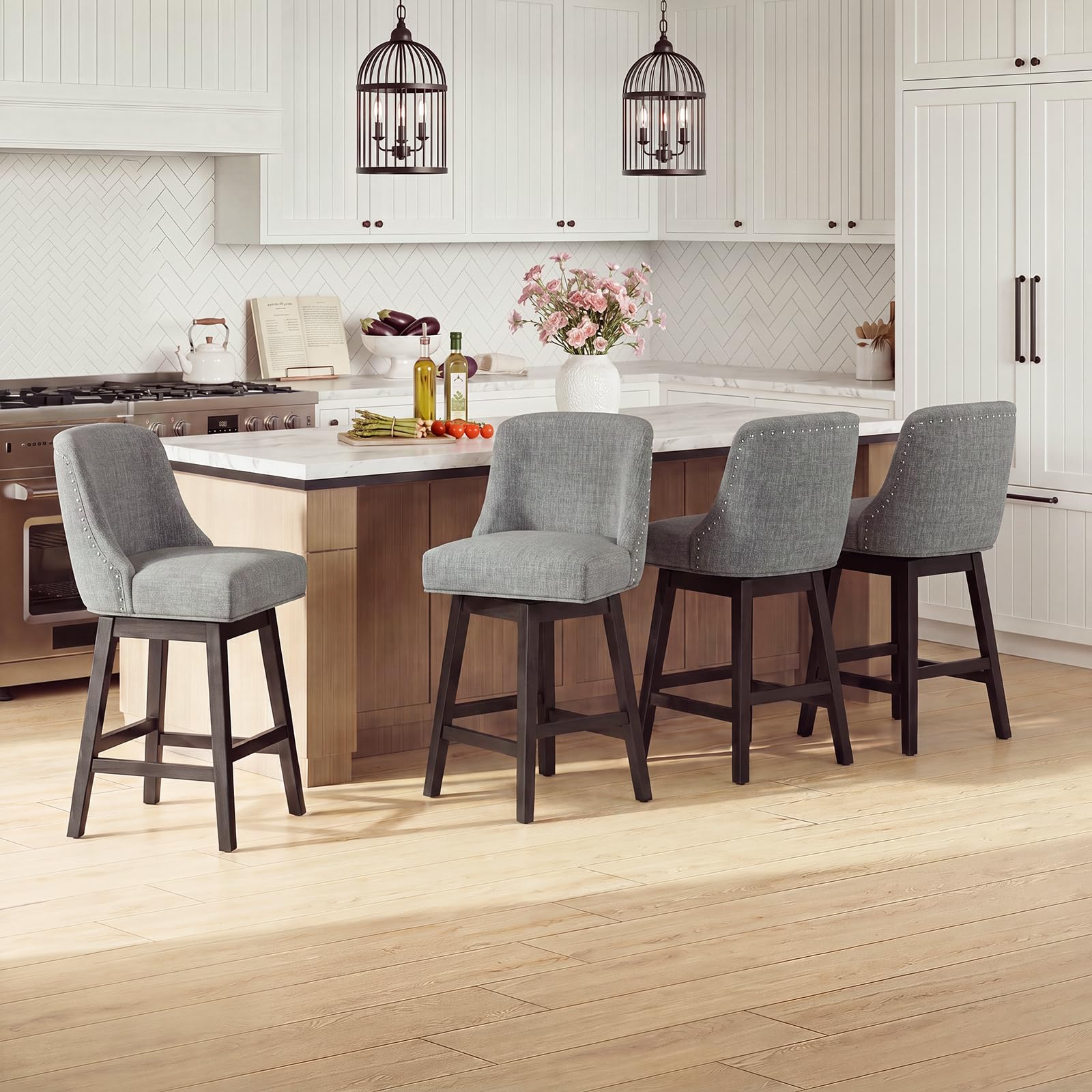 Bar Stools Set of 4, 360° Swivel Upholstered Counter Stools with Back, Wooden Frame Kitchen Bar Chairs with Nailhead Trim