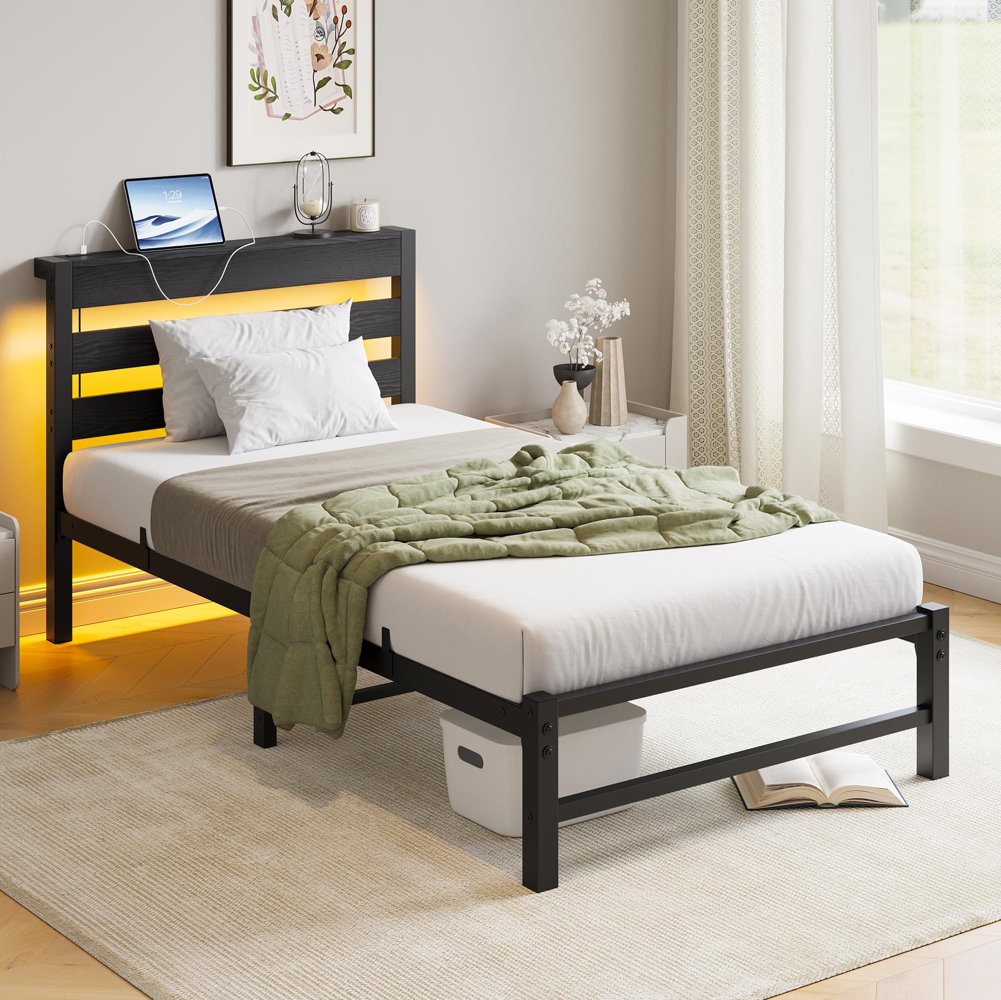 VERFARM 3ft Single Bed Frame with Charging Station and LED Lights, Heavy Duty Metal Platform Single 90x190 cm Bed Frame with Wood Storage Headboard