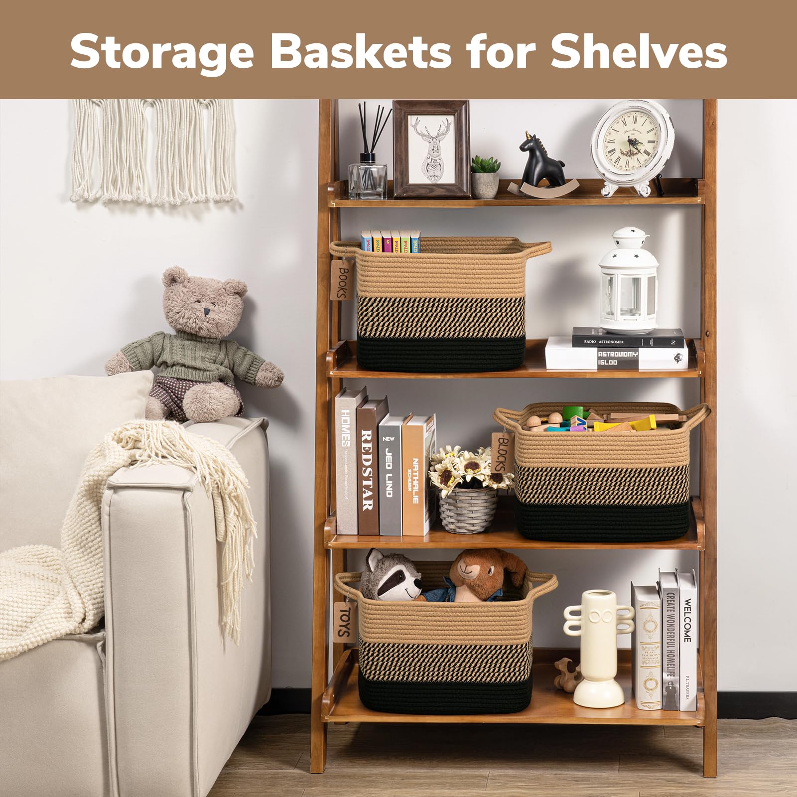TIMEYARD 3 Pack Storage Baskets for Shelves Woven Cotton Rope Basket Black