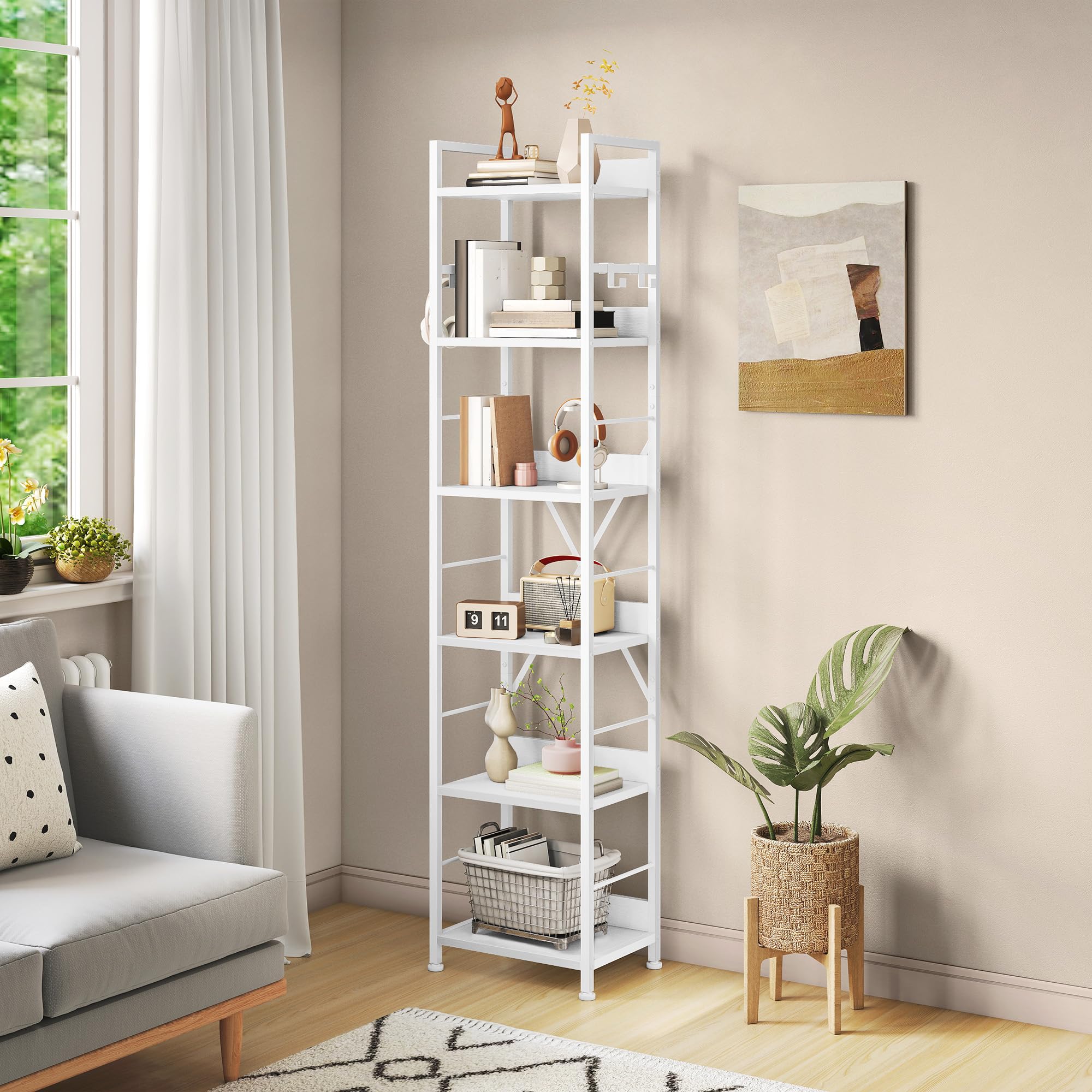 YITAHOME 6 Tier Bookcase, Industrial Book Shelf, Metal Frame and Wooden Shelves, Tall Shelving Unit with 4 Hooks
