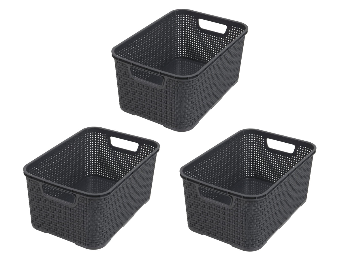 BranQ - Home essential Basket in Rattan Design Set of 4 Size M 10 L Polypropylene Plastic Anthracite