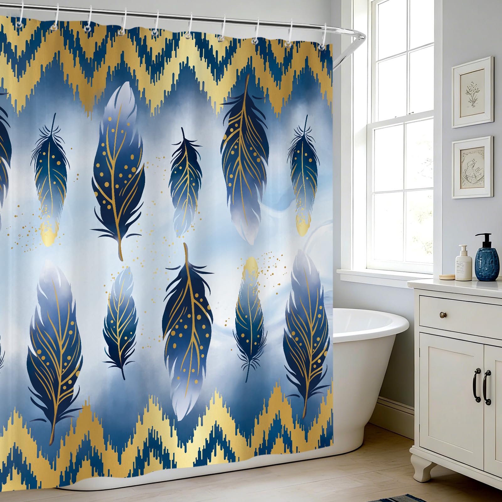 hometrixx Navy Blue Gold Feather Geometric Lines Shower Curtain 180x180cm