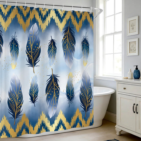 hometrixx Navy Blue Gold Feather Geometric Lines Shower Curtain 180x180cm