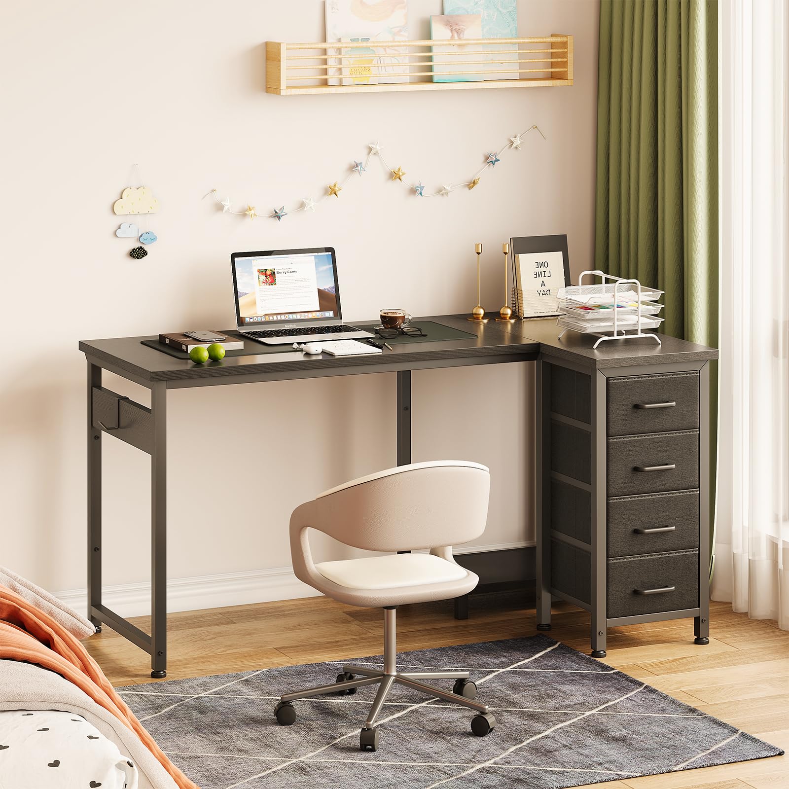 Coleshome Small Corner Desk with Drawers for Home Office, 120x70 cm, Black