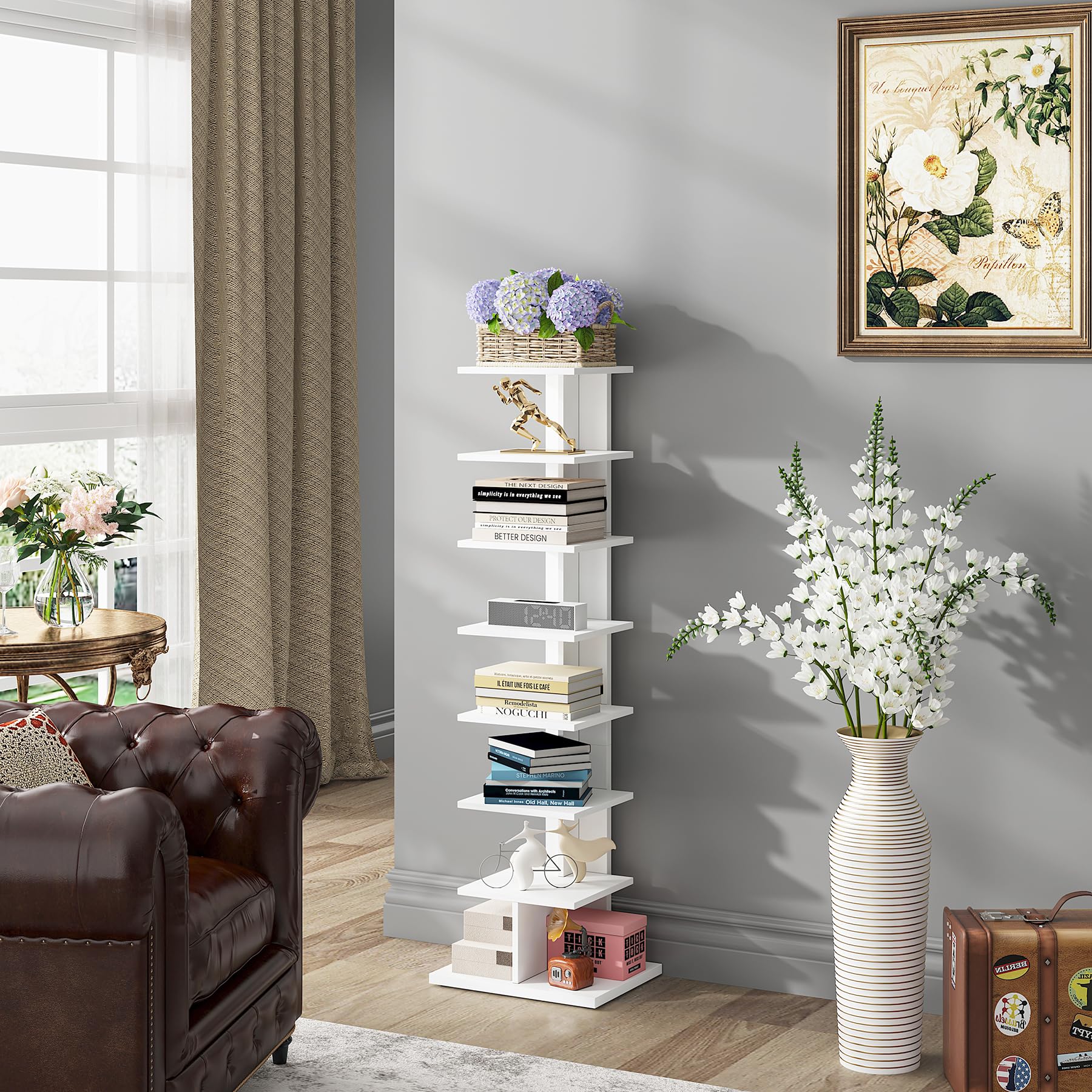 TUTOTAK Vertical Bookshelf, 8-Tier Bookcase, Narrow Spine Book Shelf for Small Space, Corner Standing Shelf for Living Room, Office, Study, Entryway