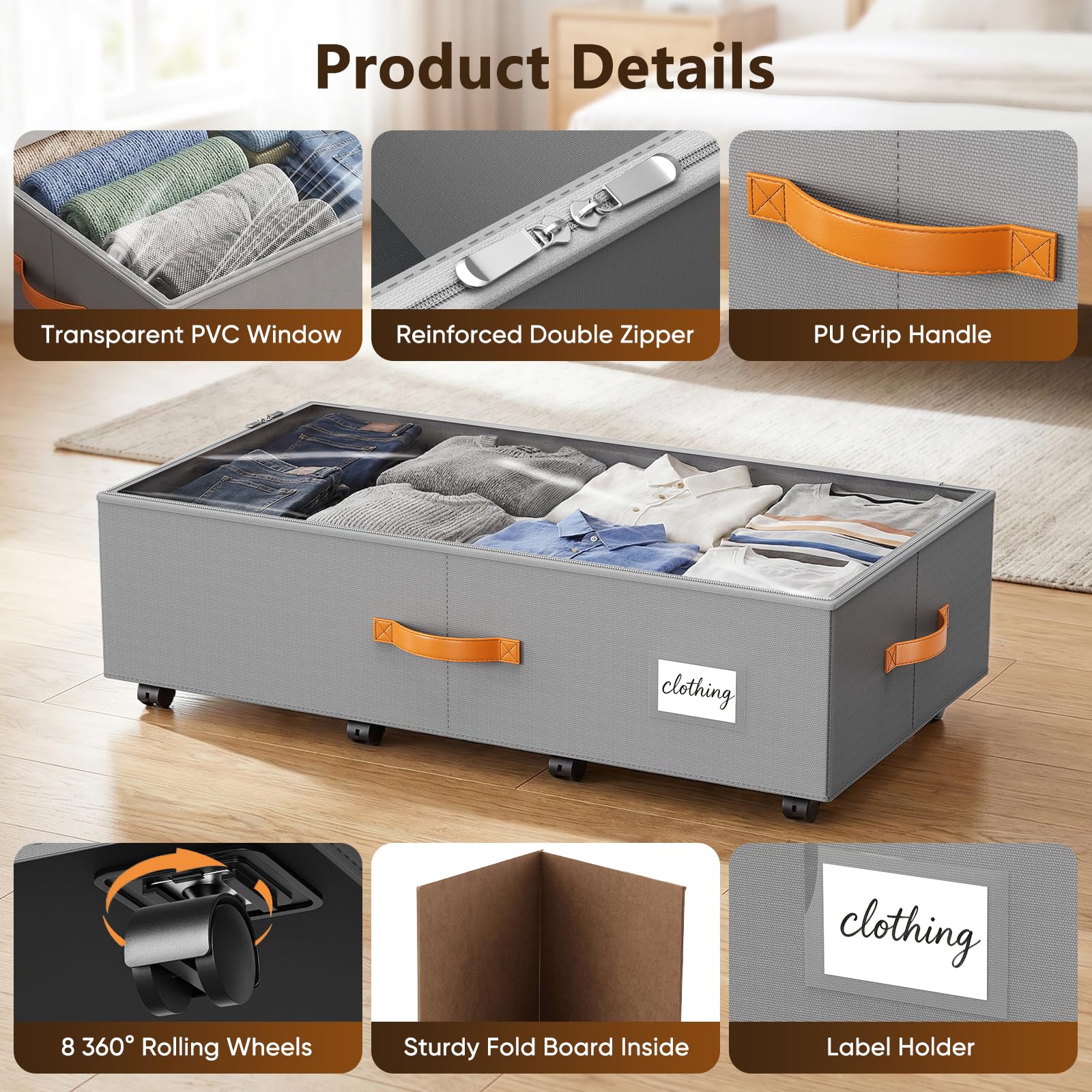 2 Pack 65L Under Bed Storage Box with Lid & Wheels,84cm Long Rolling Underbed Storage Bins,Heavy Duty Foldable Under Bed Storage on Wheels with