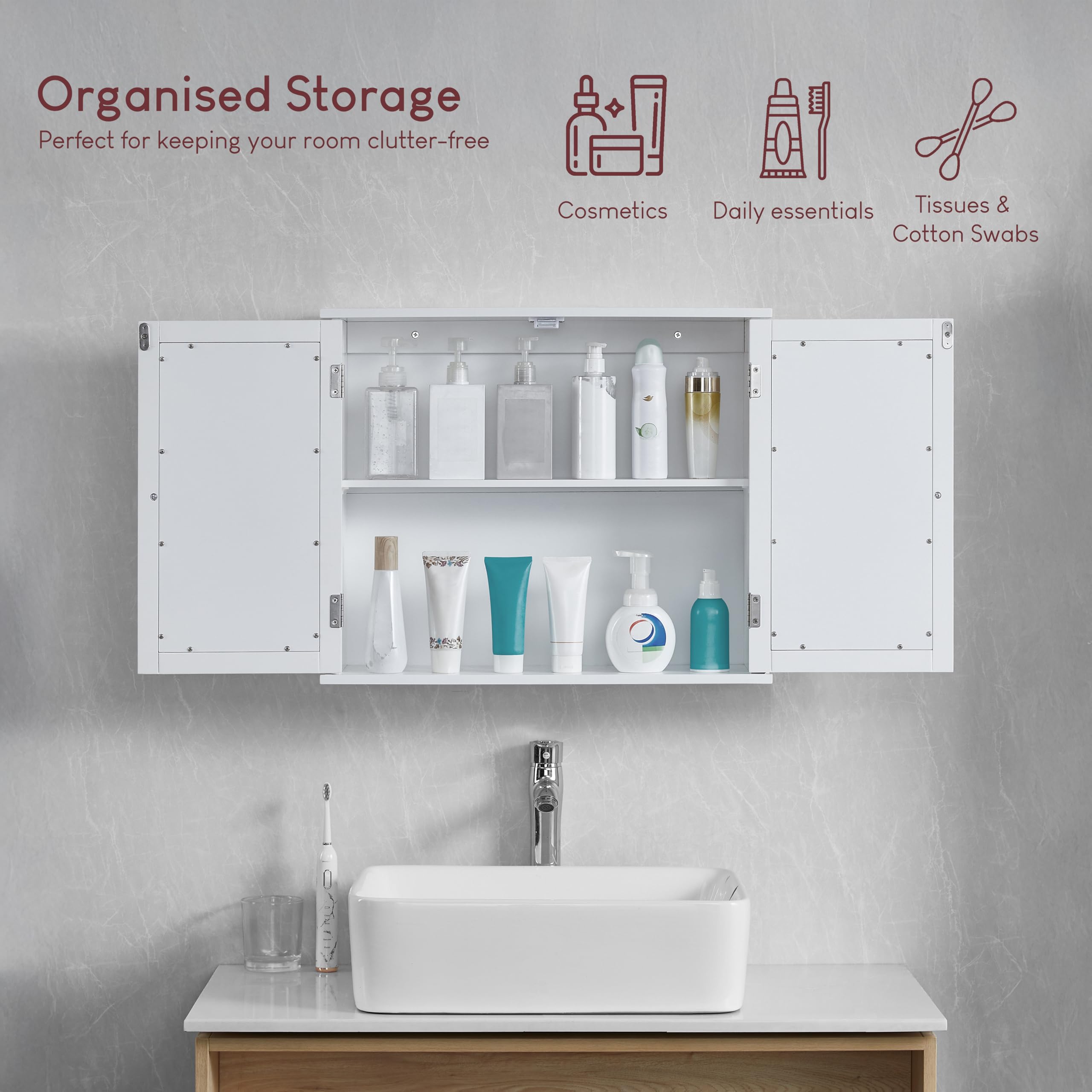 Bath Vida Priano Double Door Mirrored Bathroom Cabinet Storage Cupboard Wall Mounted, White