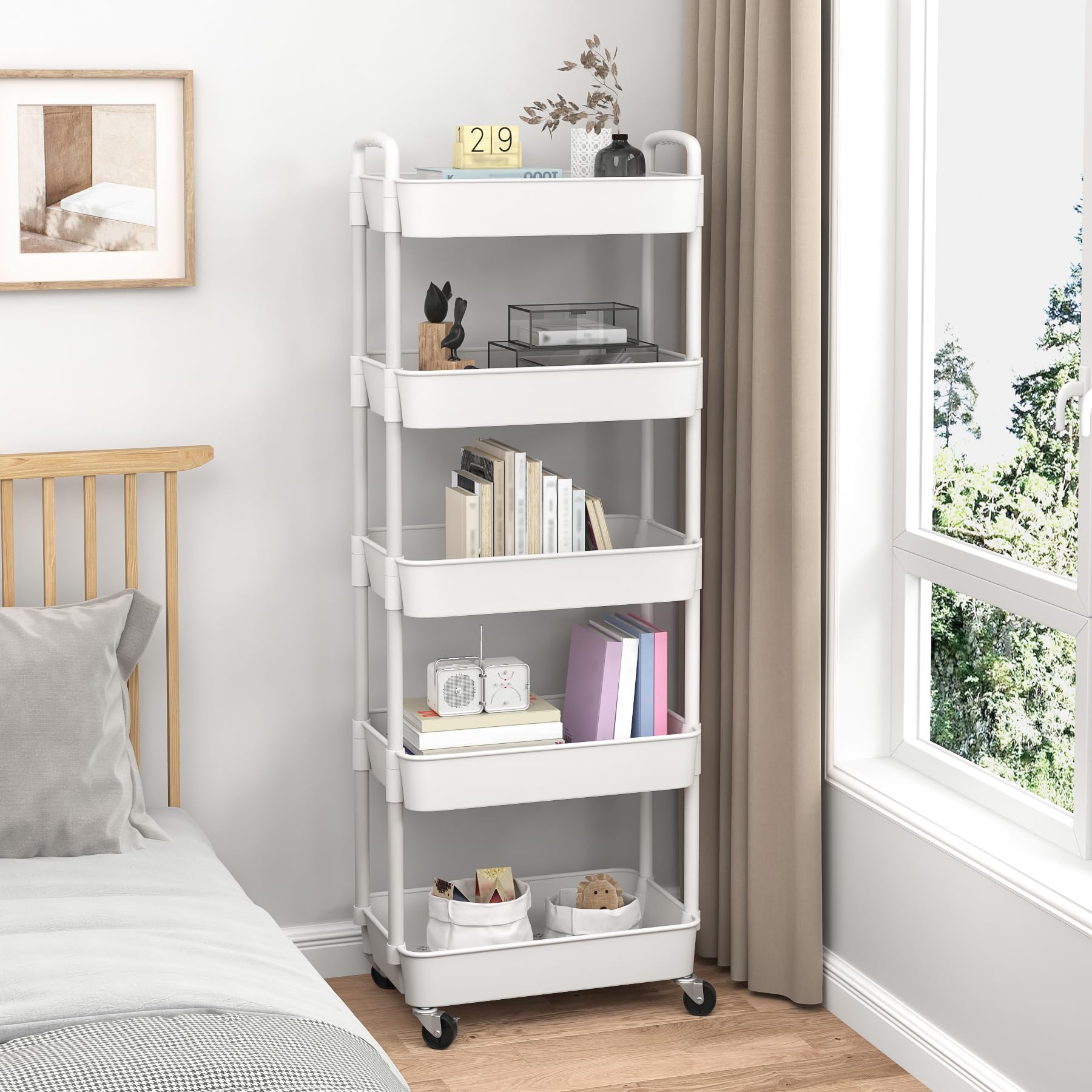 Sywhitta 5-Tier Plastic Rolling Utility Cart with Handle, Multi-Functional Storage Trolley for Office, Living Room, Kitchen