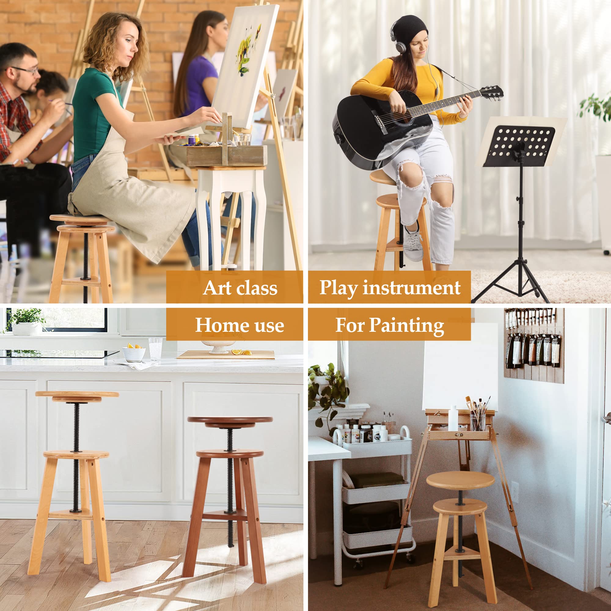 VISWIN Wooden Drafting Stool, 19-26" Adjustable Height, Solid Beech Wood Stool for Studio, Office, Home Kitchen, Bars, Artist Stool Chair for Painting