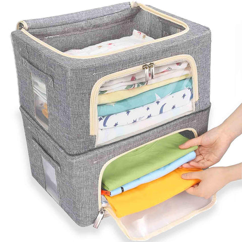 WUPYE Storage Box with Lid, Foldable Storage Cubes with Metal Frame, Storage Boxes with Clear Window Zippers & Doors
