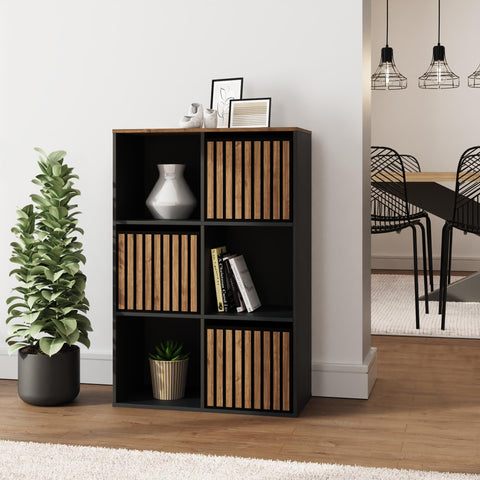 GFW Kube Cube Storage Unit with Open & Hidden Storage, Black & Walnut Effect Shelving Unit for Living Room, Bedroom or Office