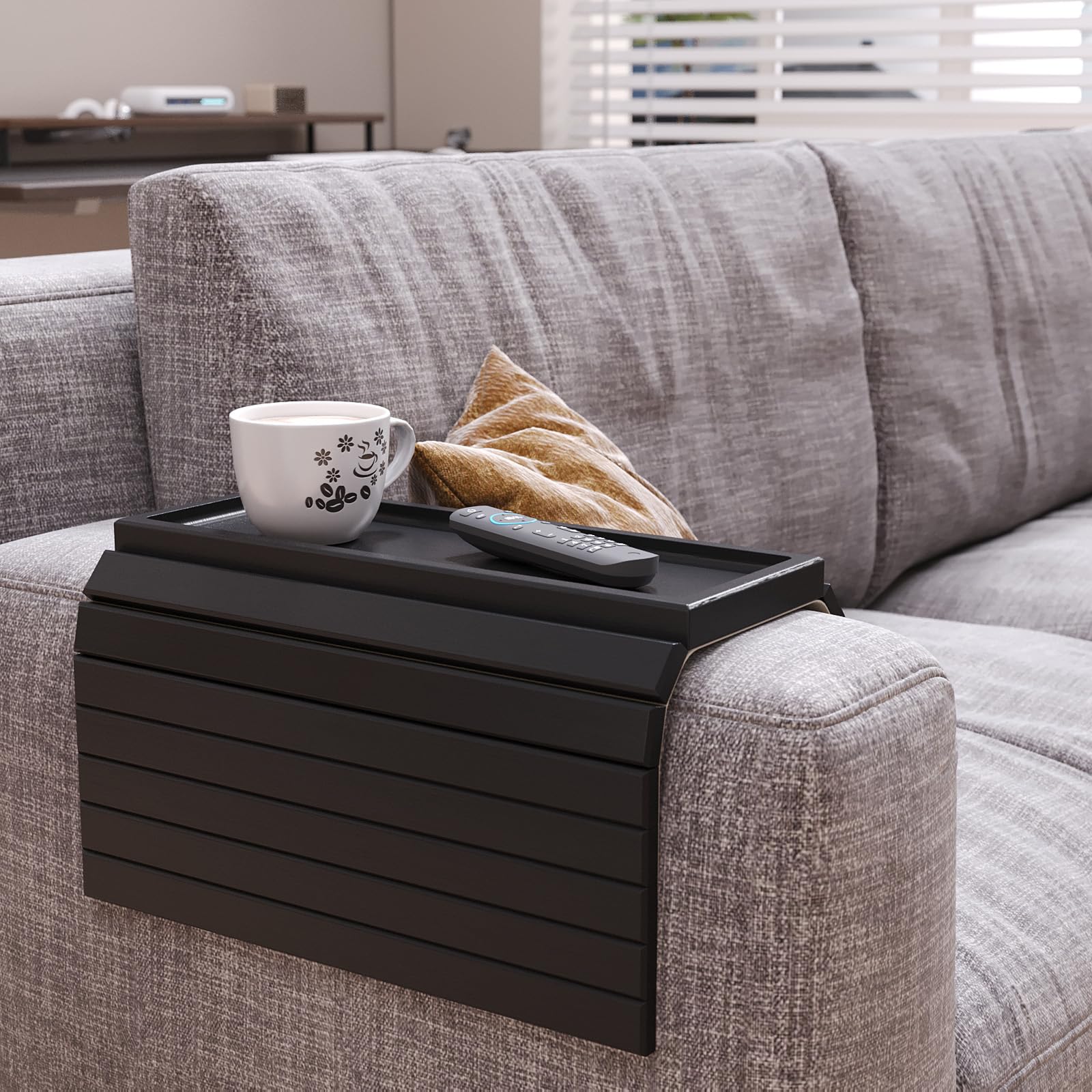 Fibogollo Sofa Arm Tray,Bamboo Folding Couch Arm Tray,1 Pc Sofa Armrest Trays with Anti-Slip Pad for Drinks,Snacks,Phone,Remote Control（Black）
