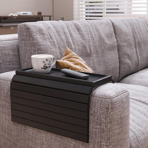 Fibogollo Sofa Arm Tray,Bamboo Folding Couch Arm Tray,1 Pc Sofa Armrest Trays with Anti-Slip Pad for Drinks,Snacks,Phone,Remote Control（Black）