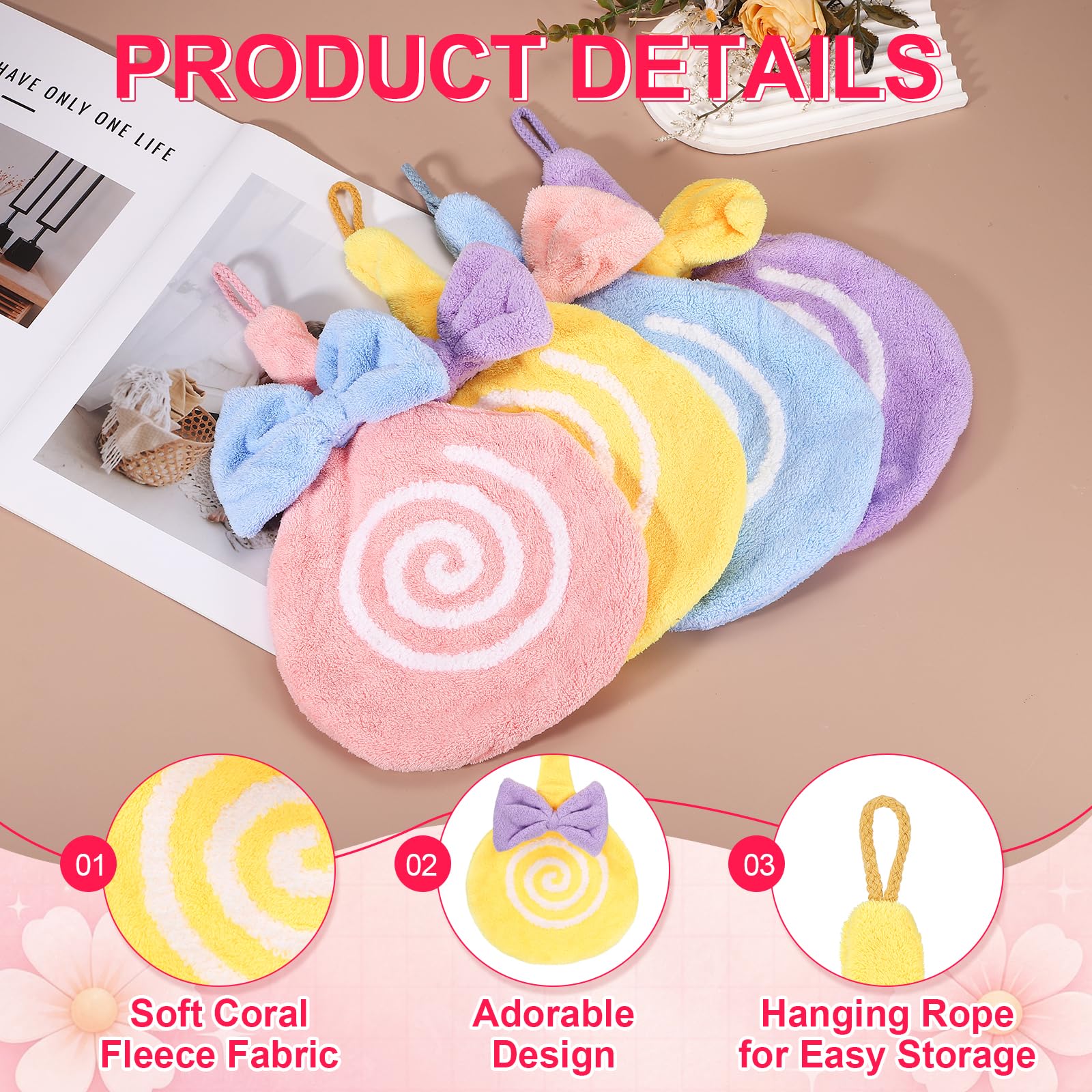 sourcing map Cute Hand Towels, Soft Coral Hanging Hand Towel with Hanging Loop, Lollipop Pattern, Highly Absorbent