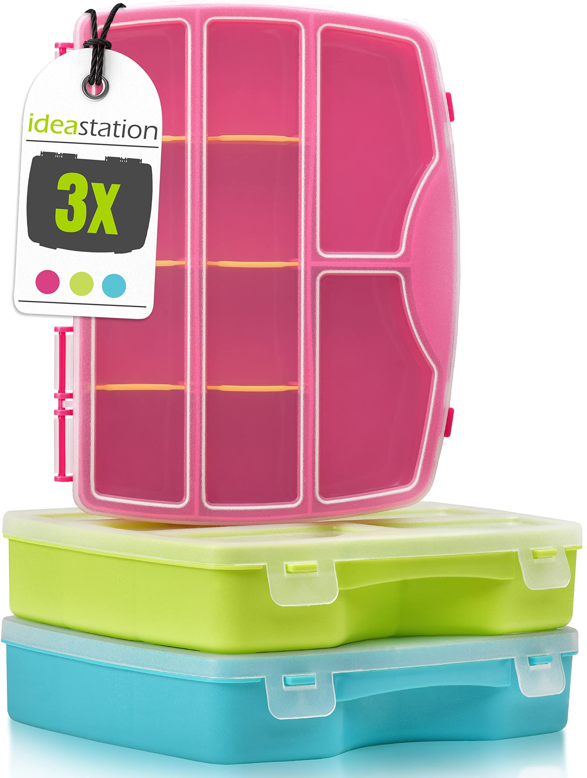 idea-station organiser box set 3 pieces, 19 x 15 cm, coloured, adjustable compartments, tool box, storage box, assortment box, screw case, boxes