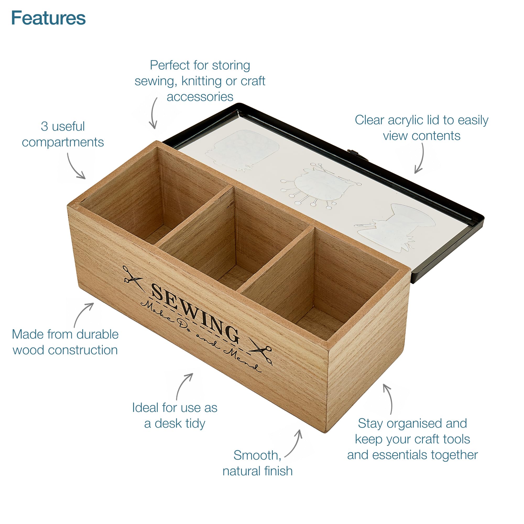 Trimits Wooden Sewing Box 24 x 10 x 9cm - Sewing Kit Box Craft Organiser with Clear Acrylic Lid and 3 Compartments