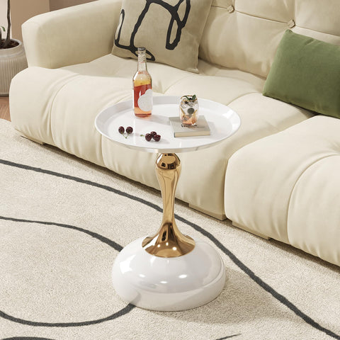 quanzhoulong Modern Round Side Table - White Glossy Tabletop & Gold Pedestal Base | Stylish Accent End Table for Living Room Home Decor