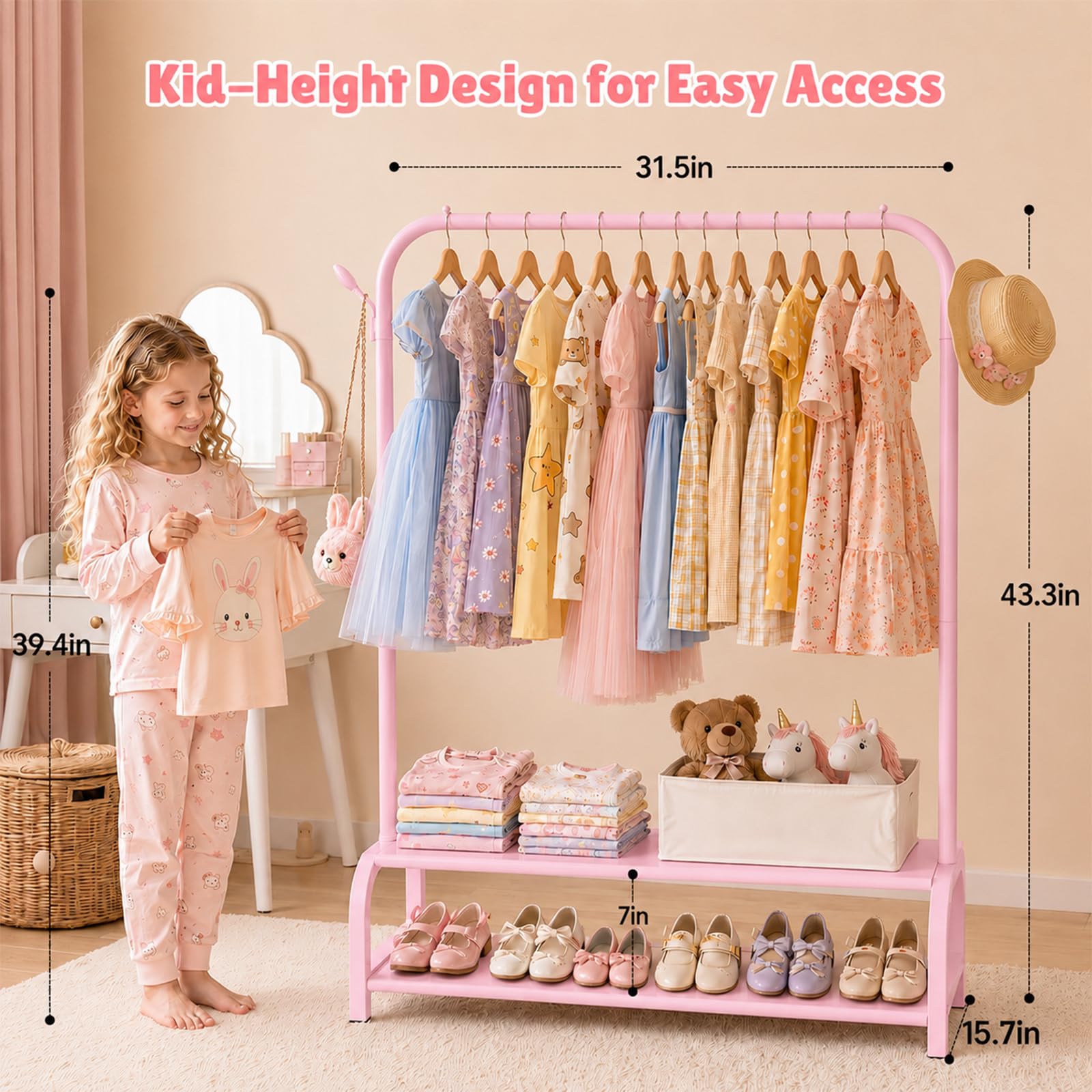 ELUZENE Kids Clothes Rack with 2 Fabric Storage Shelves Pink