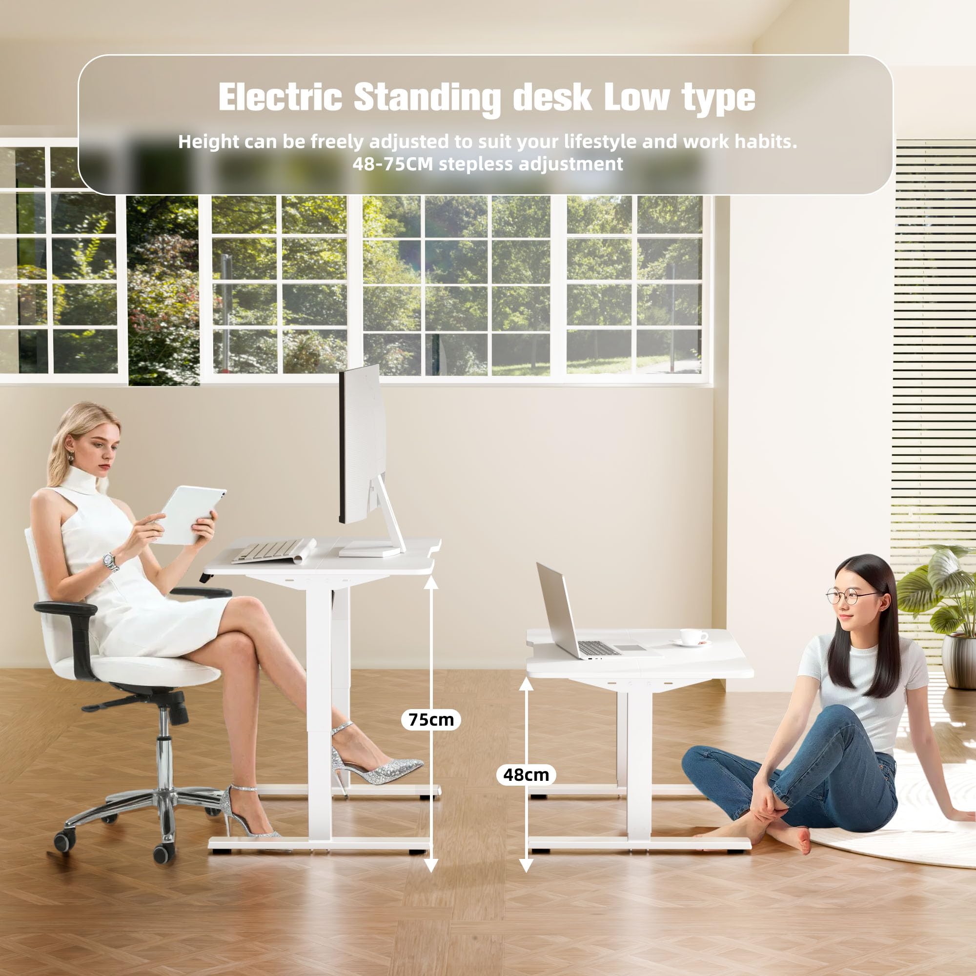 ERGOMAKER Low Height Electric Standing Desk 80x60cm, Lifts 48-75 cm, White