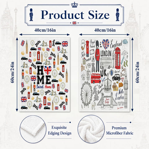 Nevicor 2 Pcs London Tea Towels, Travel London Souvenirs Gifts Kitchen Towels, Absorbent Microfiber Kitchen Hand Towels with Iconic Landmark Design