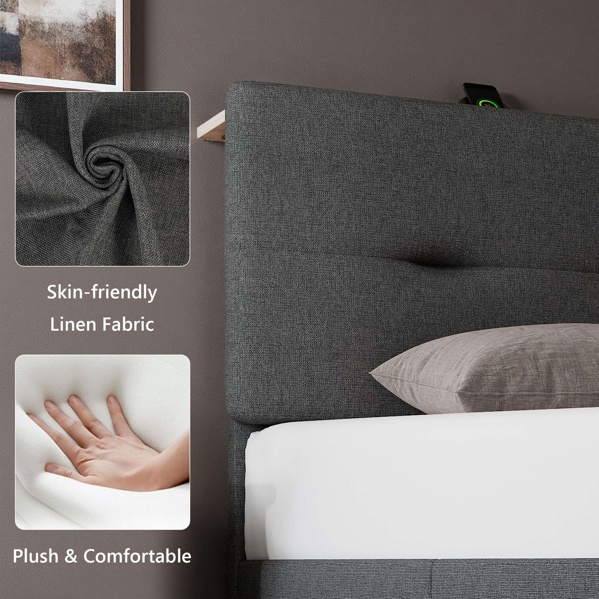 Feonase 4ft Double Bed Frame with Storage Linen Headboard, Upholstered Bedframe double bed with Charging Station, Sturdy Wooden Slat Support