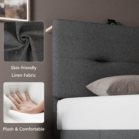 Feonase 4ft Double Bed Frame with Storage Linen Headboard, Upholstered Bedframe double bed with Charging Station, Sturdy Wooden Slat Support