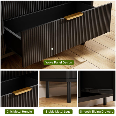 Chest of Drawers, Fluted Dresser for Bedroom with 3 Drawers, Metal Legs & Handles