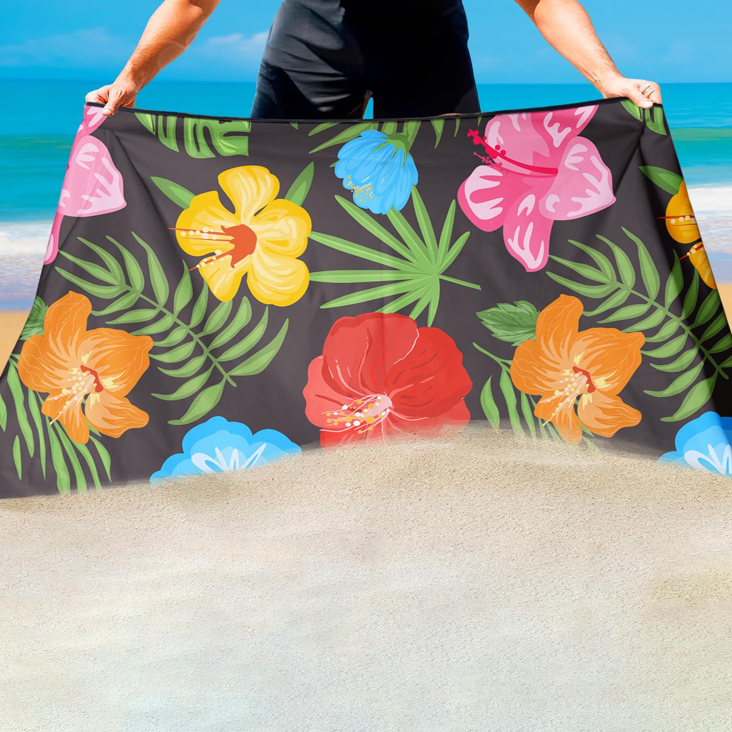 Violetpos Multi-Colour Hibiscus & Palm Leaf Beach Towel, Extra Large 180x90 cm 250GSM Microfibre, Sand Free Quick Dry